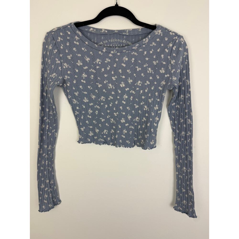 Aeropostale Womens The OG Collection Shrunken Tee Floral Blue Long Sleeve Small